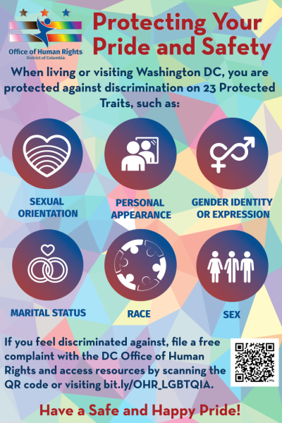 OHR's Protecting Your Pride and Safety Poster. Which highlights six protected trait icons that are relevant to the LGBTQIA+ community and contact information to file a claim on the LGBTQIA+ portal.