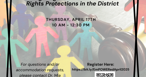 There is text giving information on this event on top of a background of cartoon people. 